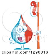 Happy Blue White And Red Toothpaste Drop Character Holding A Tooth Brush