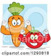 Happy Strong Tomato And Carrot Characters Flexing Their Muscles Over Blue