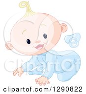 Clipart Of A Pacifier And Cute Happy Blond Caucasian Baby Boy Crawling Royalty Free Vector Illustration