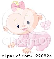 Poster, Art Print Of Pink Pacifier And A Cute Happy Blond Caucasian Baby Girl Crawling