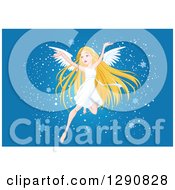 Poster, Art Print Of Happy Blond White Angel Flying With Snowflakes On Blue