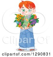 Sweet Red Haired White Boy Holding A Heart Shaped Flower Bouquet For Valentines Or Mothers Day