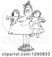 Clipart Of A Chubby Black And White Cavewoman Mom Holding Twin Boys Royalty Free Vector Illustration
