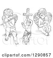Poster, Art Print Of Grayscale Angels With Shadows Playing A Flute Holding A Cross And A Stuffed Animal