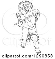 Clipart Of A Black And White Angel Playing A Flute Royalty Free Vector Illustration