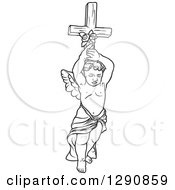 Clipart Of A Black And White Angel Holding Up A Cross Royalty Free Vector Illustration