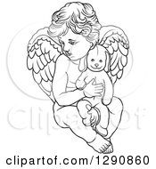Poster, Art Print Of Black And White Angel Holding A Stuffed Animal