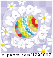 Poster, Art Print Of Patterned Egg With Happy Easter Text And Daisy Flowers Over Purple Checkers