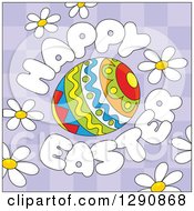 Poster, Art Print Of Patterned Egg With Cartoon Happy Easter Text And Daisy Flowers Over Purple Checkers