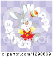 Poster, Art Print Of Happy Gray Bunny Rabbit With An Egg In A Happy Easter Text Circle Over Purple Checkers