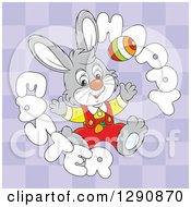 Poster, Art Print Of Happy Cartoon Gray Bunny Rabbit With An Egg In A Happy Easter Text Circle Over Purple Checkers