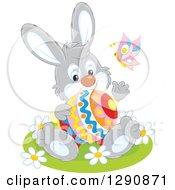 Poster, Art Print Of Happy Gray Bunny Rabbit Holding An Easter Egg And Waving
