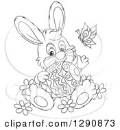 Poster, Art Print Of Happy Cartoon Black And White Bunny Rabbit Holding An Easter Egg And Waving