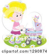 Poster, Art Print Of Blond White Girl Pushing A Doll Or Baby In A Carriage In The Spring Time