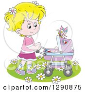 Blond Caucasian Girl Pushing A Doll Or Baby In A Carriage In The Spring Time