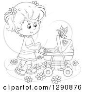 Poster, Art Print Of Black And White Girl Pushing A Doll Or Baby In A Carriage In The Spring Time