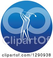 Poster, Art Print Of White Athlete Golfer Swinging In A Round Blue Icon