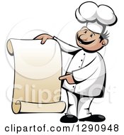 Poster, Art Print Of Happy Cartoon Male Chef Pointing And Holding A Scroll Menu Sign