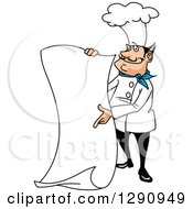 Poster, Art Print Of Happy Cartoon Male Chef Pointing And Holding A Large Blank Scroll Menu Sign