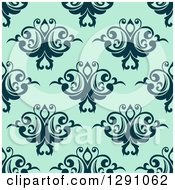 Clipart Of A Seamless Vintage Pattern Background Of Navy Blue Floral On Mint Green Royalty Free Vector Illustration