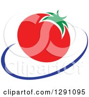 Clipart Of A Nutrition Logo Of A Tomato And A Blue Swoosh Or Abstract Plate Royalty Free Vector Illustration