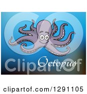 Poster, Art Print Of Happy Purple Octopus Over Blurred Blue And White Text