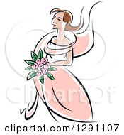 Poster, Art Print Of Sketched Brunette Caucasian Bride In A Pink Dress Holding A Bouquet Of Orange Flowers