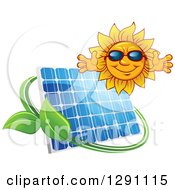 Poster, Art Print Of Welcoming Happy Sun Wearing Shades Over A Solar Panel Encircled With A Swoosh And Green Leaves
