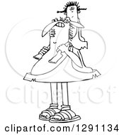 Clipart Of A Black And White Chubby Caveman Father Carrying His Daughter On His Shoulders Royalty Free Vector Illustration