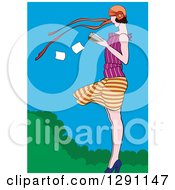 Clipart Of A Retro Caucasian Woman Reading A Book In The Wind Royalty Free Vector Illustration