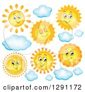 Poster, Art Print Of Happy Summer Sun Characters And Clouds