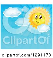 Happy Summer Sun Character Shining In A Blue Sky With Clouds And Text Space