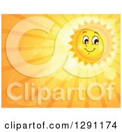 Poster, Art Print Of Happy Summer Sun Character Shining In An Orange Sky With Flares Rays And Text Space