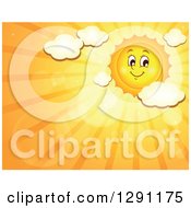 Poster, Art Print Of Happy Summer Sun Character Shining In An Orange Sky With Clouds And Text Space