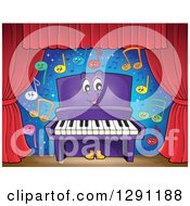Poster, Art Print Of Happy Cartoon Purple Piano Character And Colorful Music Notes On Stage