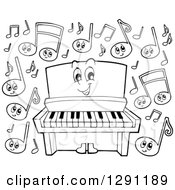 Poster, Art Print Of Happy Cartoon Black And White Piano Character And Music Notes