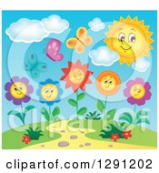 Poster, Art Print Of Butterflies Over Flower Characters In A Hill Top Garden With A Happy Sun