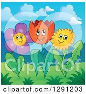 Poster, Art Print Of Happy Dandelion Tulip And Daisy Flowers In A Meadow Garden