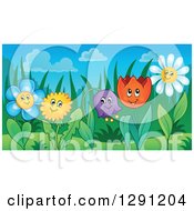 Poster, Art Print Of Happy Dandelion Daisy Bell And Tulip Flower Characters In A Garden