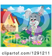 Clipart Of A Happy Presenting Business Easter Rabbit Near A House Royalty Free Vector Illustration