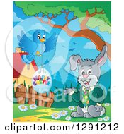 Poster, Art Print Of Happy Presenting Business Rabbit With A Bluebird And Happy Easter Egg