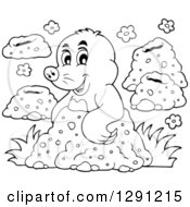 Clipart Of A Black And White Happy Mole Emerging From A Hole Royalty Free Vector Illustration by visekart