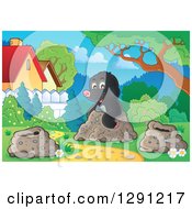 Poster, Art Print Of Cute Happy Mole Emerging From A Hole In A Yard