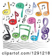 Happy Cartoon Music Note Characters A Clef And Staff Lines
