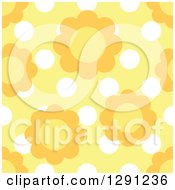 Poster, Art Print Of Seamless Background Pattern Of Daisy Flowers Over White Polka Dots On Yellow