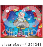 Poster, Art Print Of Stage With Happy Music Note Characters And A Clown Playing An Accordion