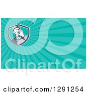 Clipart Of A Retro Male Worker Shouting And Turquoise Rays Background Or Business Card Design Royalty Free Illustration