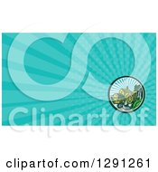 Clipart Of A Retro Woodcut Water Mill House And Turquoise Rays Background Or Business Card Design Royalty Free Illustration