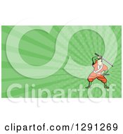 Poster, Art Print Of Cartoon Samurai Warrior Fighting With A Sword And Green Rays Background Or Business Card Design