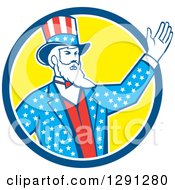 Poster, Art Print Of Retro American Uncle Sam Waving In A Blue White And Yellow Circle